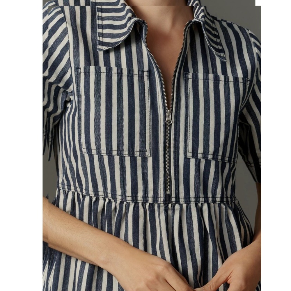 Anthropologie ALIGNE Gabriella Short-Sleeve Denim Midi Dress Striped Size 12 - Picture 2 of 9